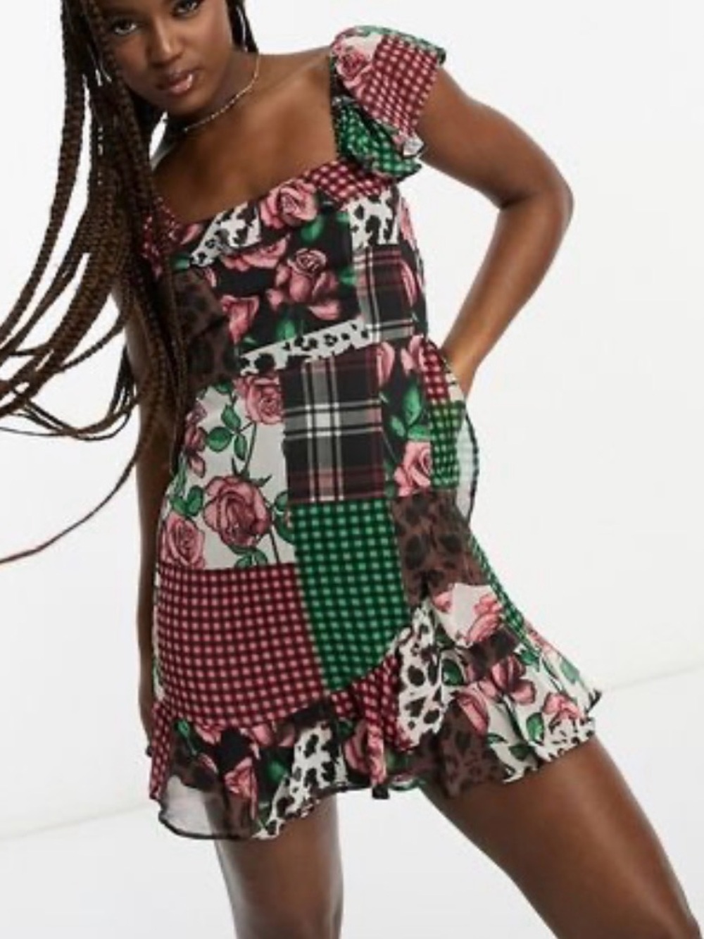 Miss Selfridge Chiffon Frill Strap in Patchwork Floral Check Dress Sz.10 NWT